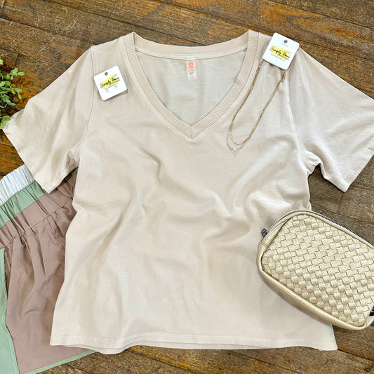 Pima V-Neck Tee in Sand
