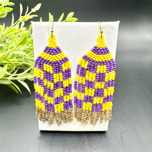 Purple and Gold Bead Dangle Earrings