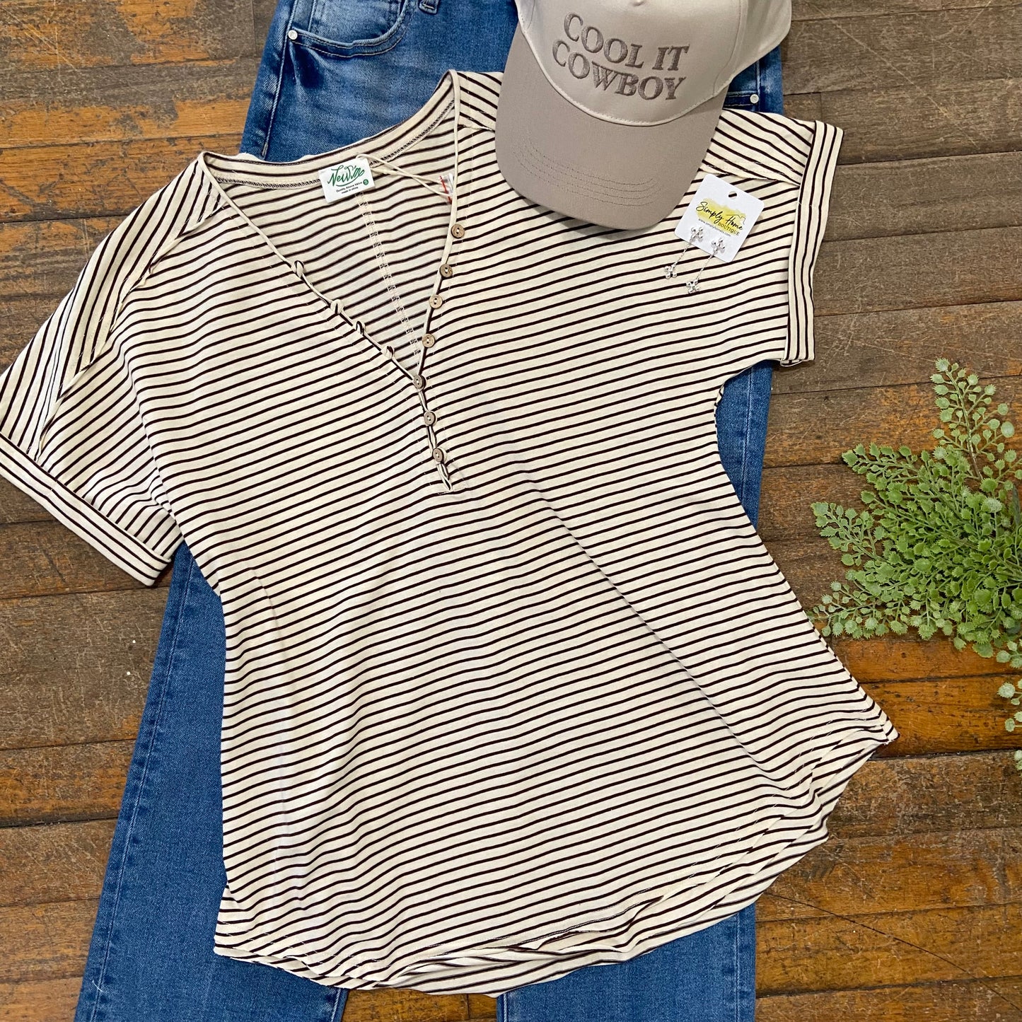 Stripe Button V-Neck Top