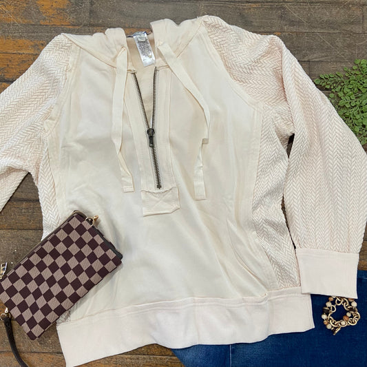 Ecru Contrast Sleeve Half-Zip Top