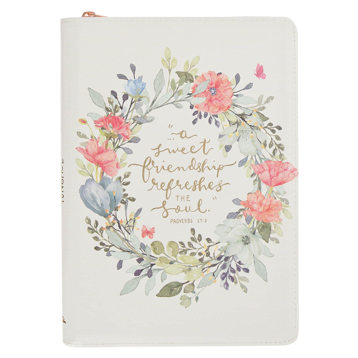 A Sweet Friendship Bright Floral Wreath Faux Leather Journal with Zipper Closure