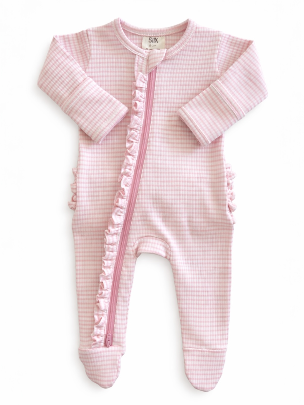 Pink Stripe - Ribbed Frill 2-Way Zip Footie