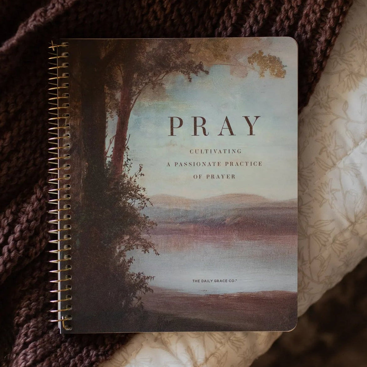 A spiral-bound notebook titled 'PRAY' lies on a dark brown knit blanket and a light beige patterned fabric. The cover features a scenic landscape painting with a tree, water, and distant hills under a pale sky.
