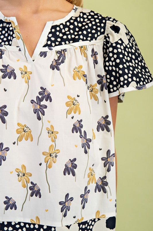 Navy Mixed Print Top