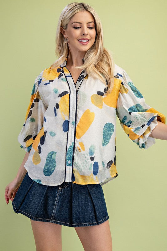 Yellow Piping Sleeve Top