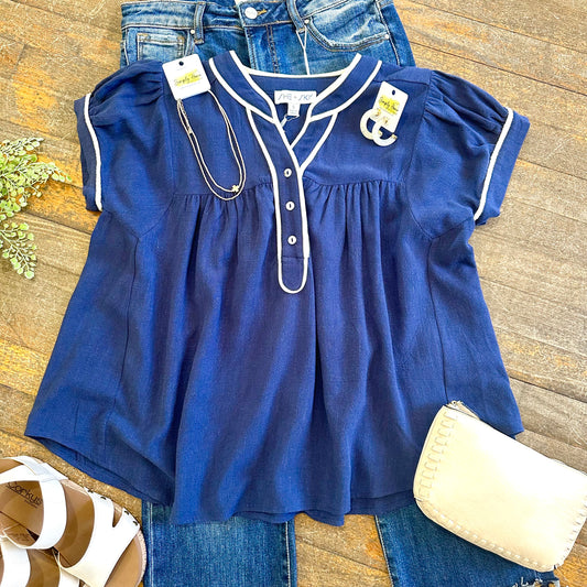 Navy Braid Trim Button Top