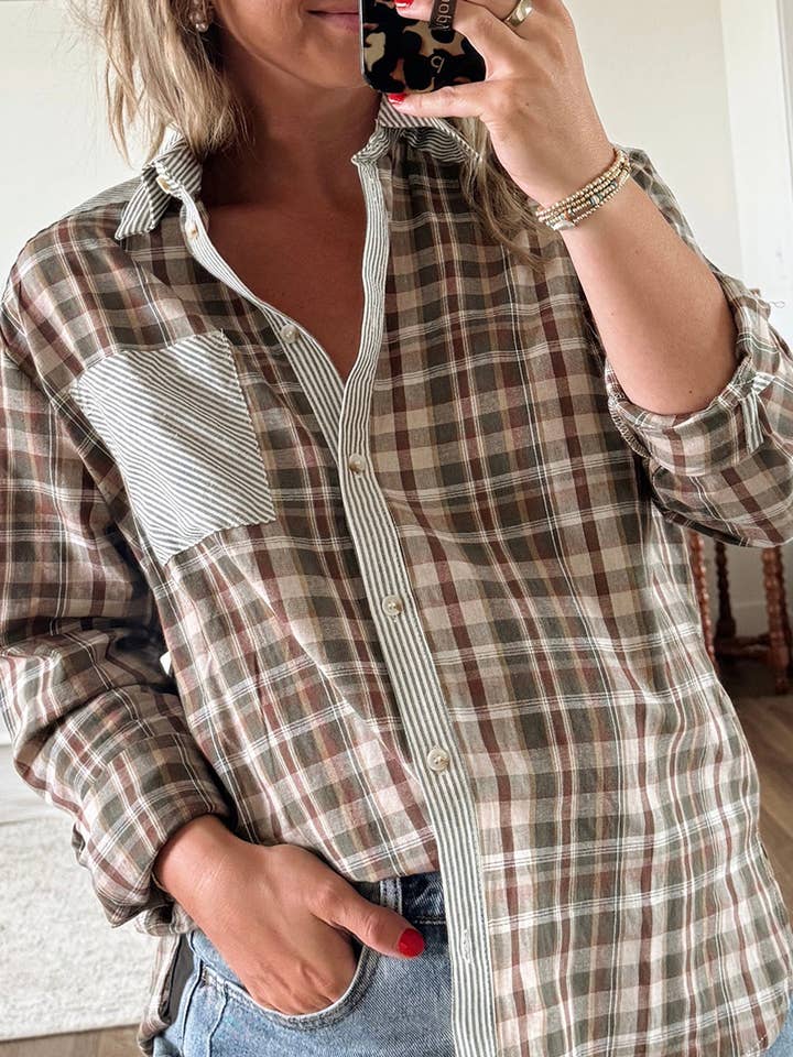 Brown Plaid Patchwork Buttoned Shirt