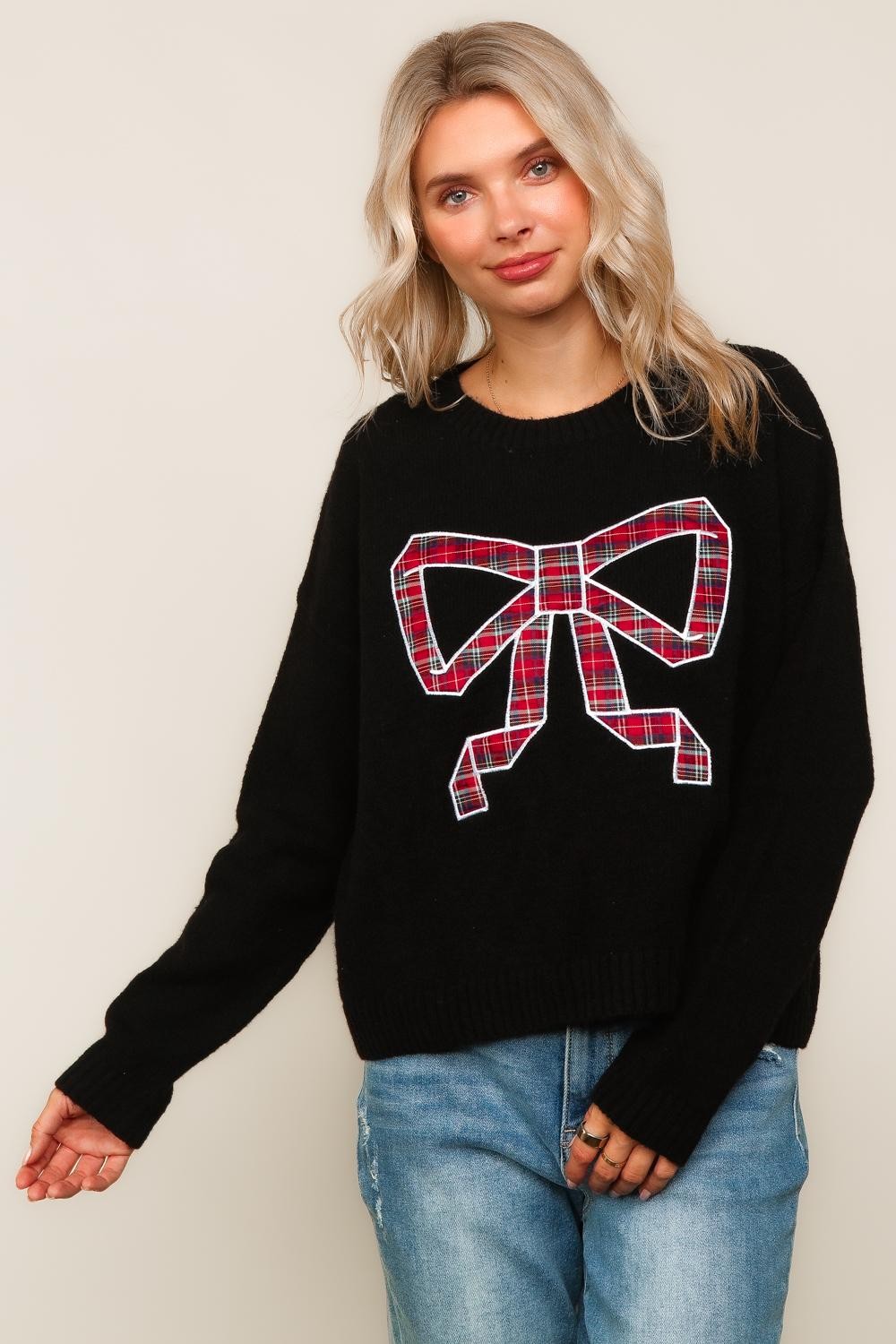Sweater With Plaid Bow