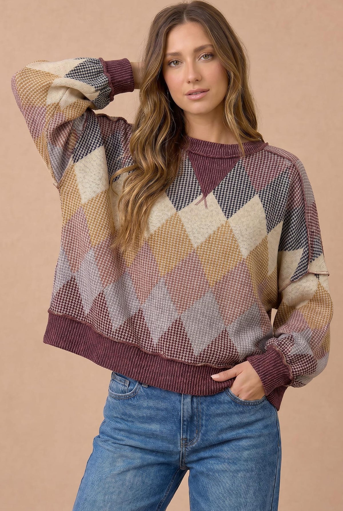 Argyle Waffle Knit Oversized Top