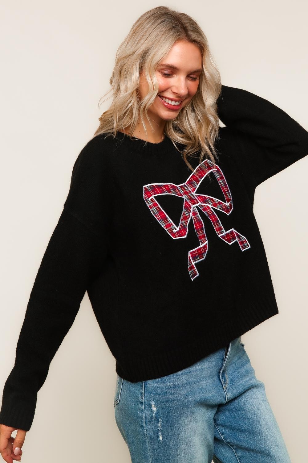 Sweater With Plaid Bow