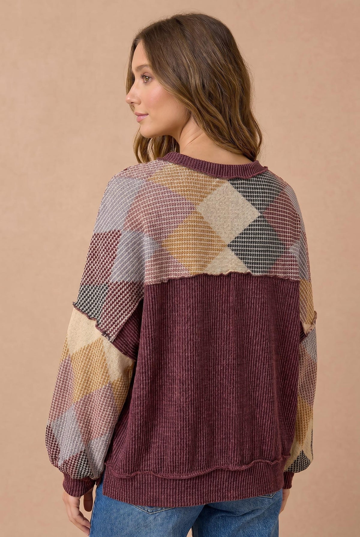 Argyle Waffle Knit Oversized Top