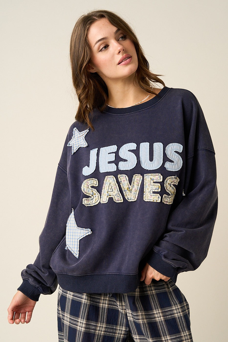 "Jesus Saves" Patchwork Graphic Sweatshirt