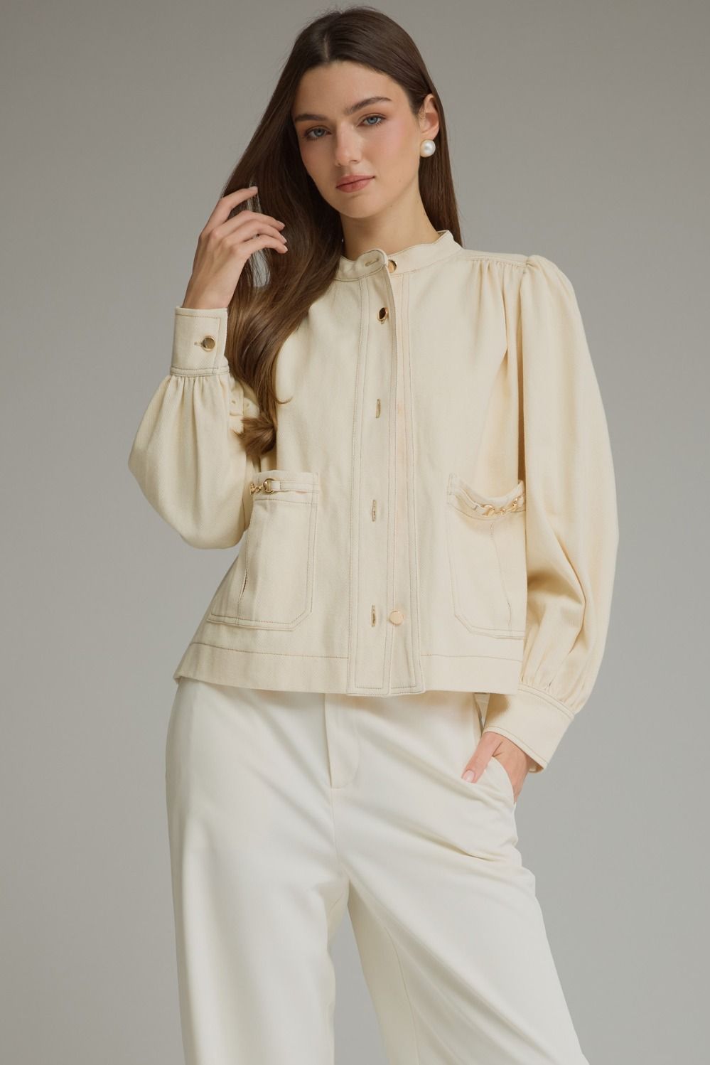 Ecru Puff-Sleeve Denim Jacket with Button Front