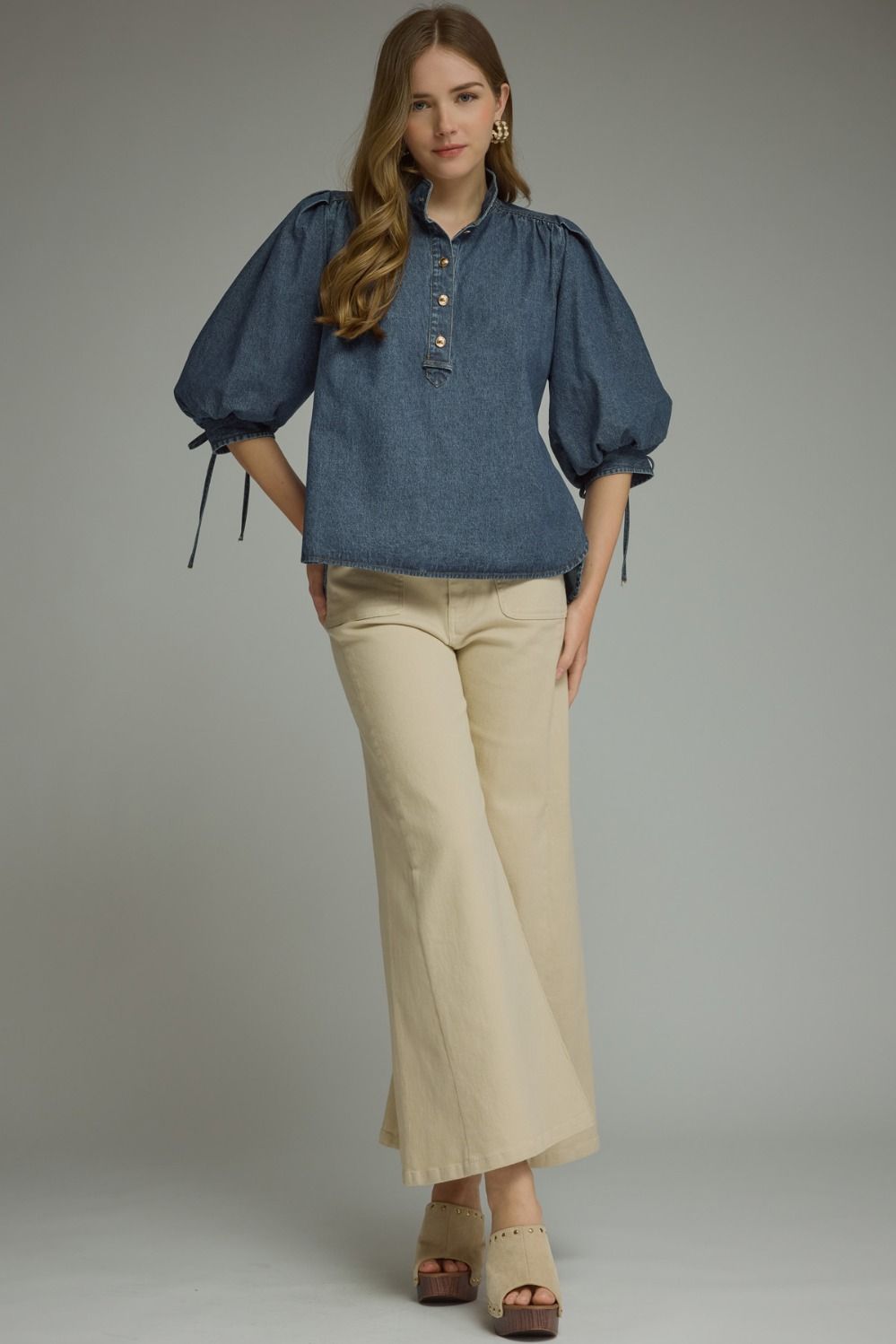 Dark Denim 3/4-Sleeve Puff-Sleeve Top - Button-Front Mock Collar