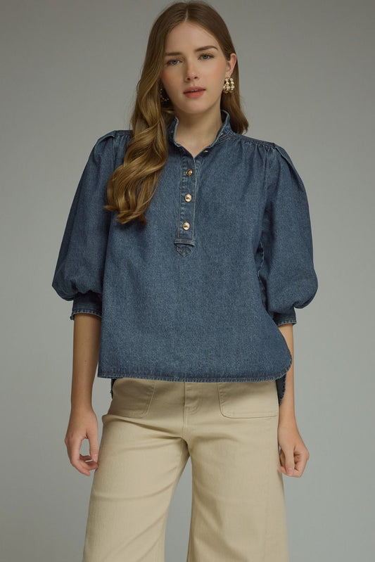 Dark Denim 3/4-Sleeve Puff-Sleeve Top - Button-Front Mock Collar