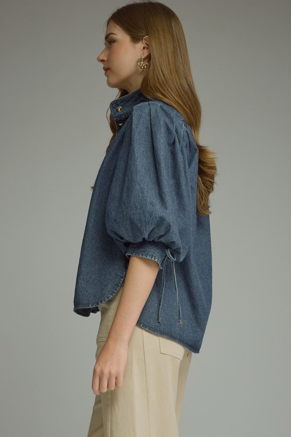 Dark Denim 3/4-Sleeve Puff-Sleeve Top - Button-Front Mock Collar