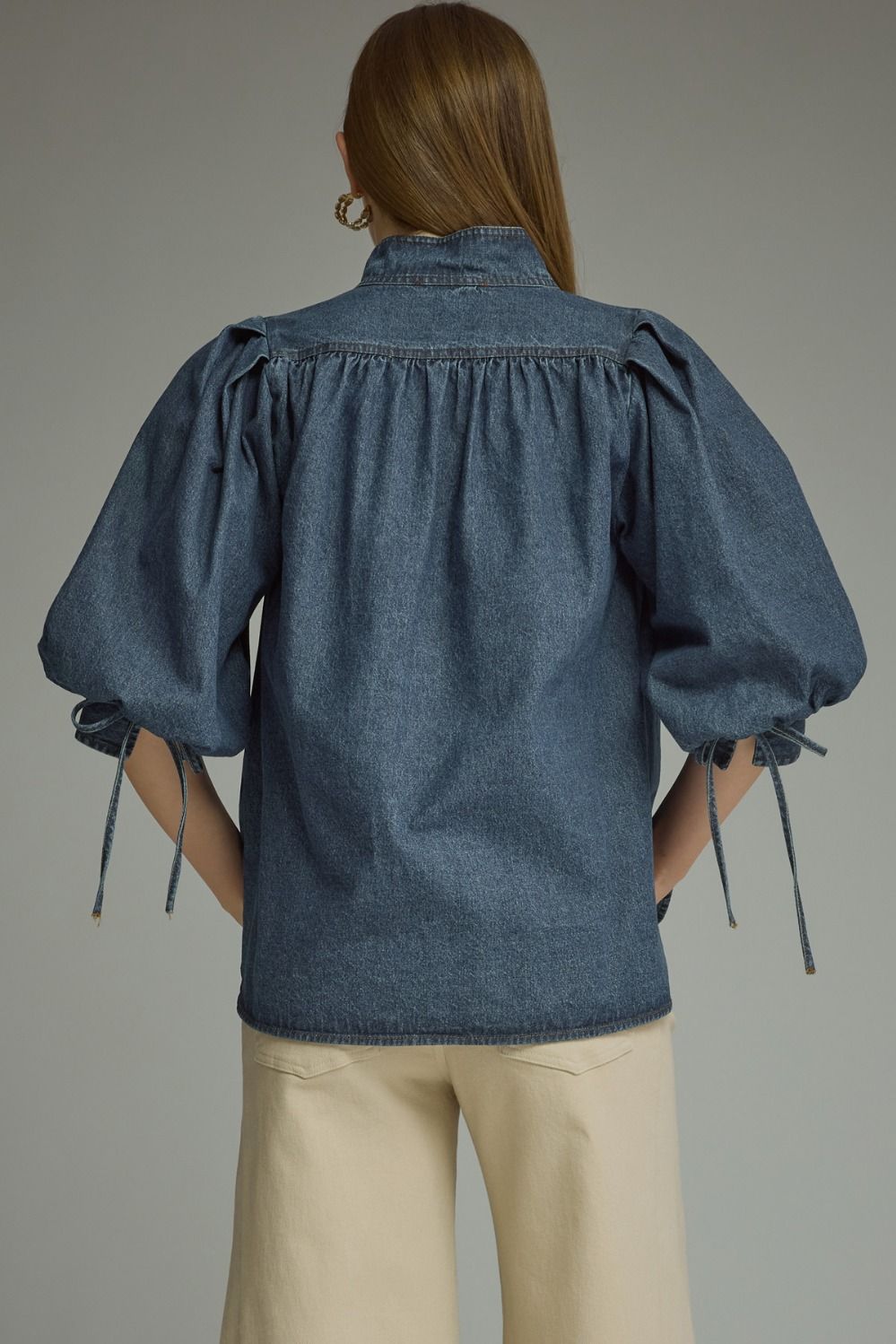 Dark Denim 3/4-Sleeve Puff-Sleeve Top - Button-Front Mock Collar
