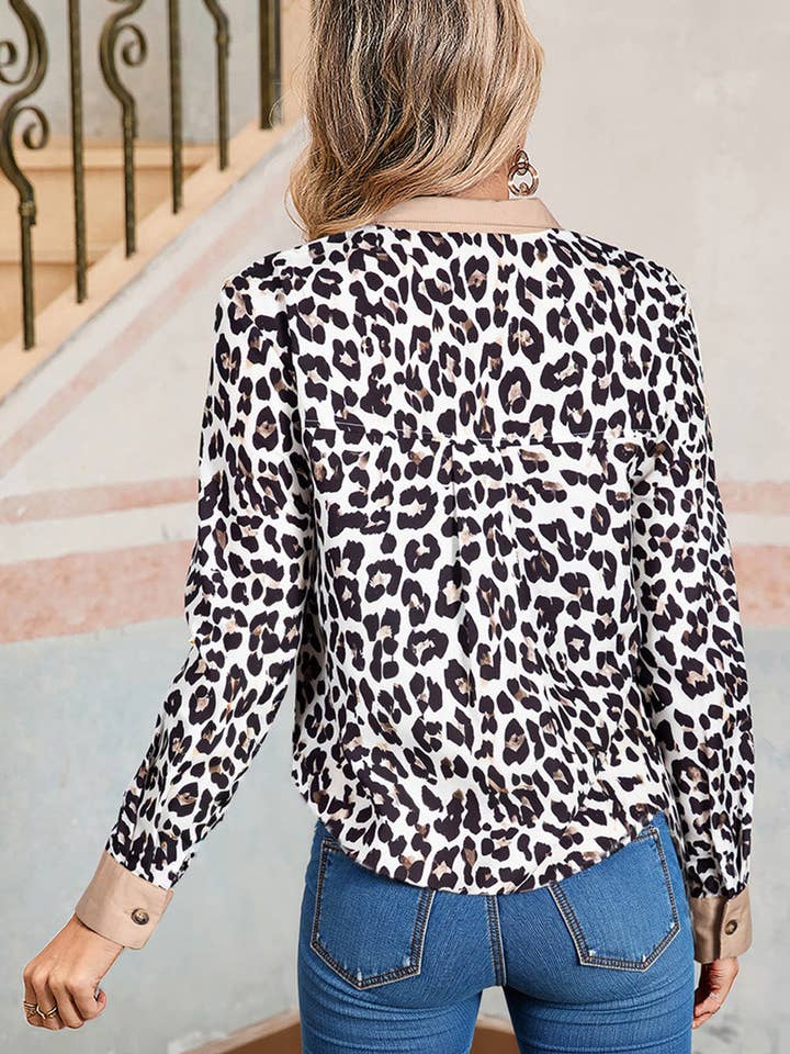 Leopard Print Button Collared Top