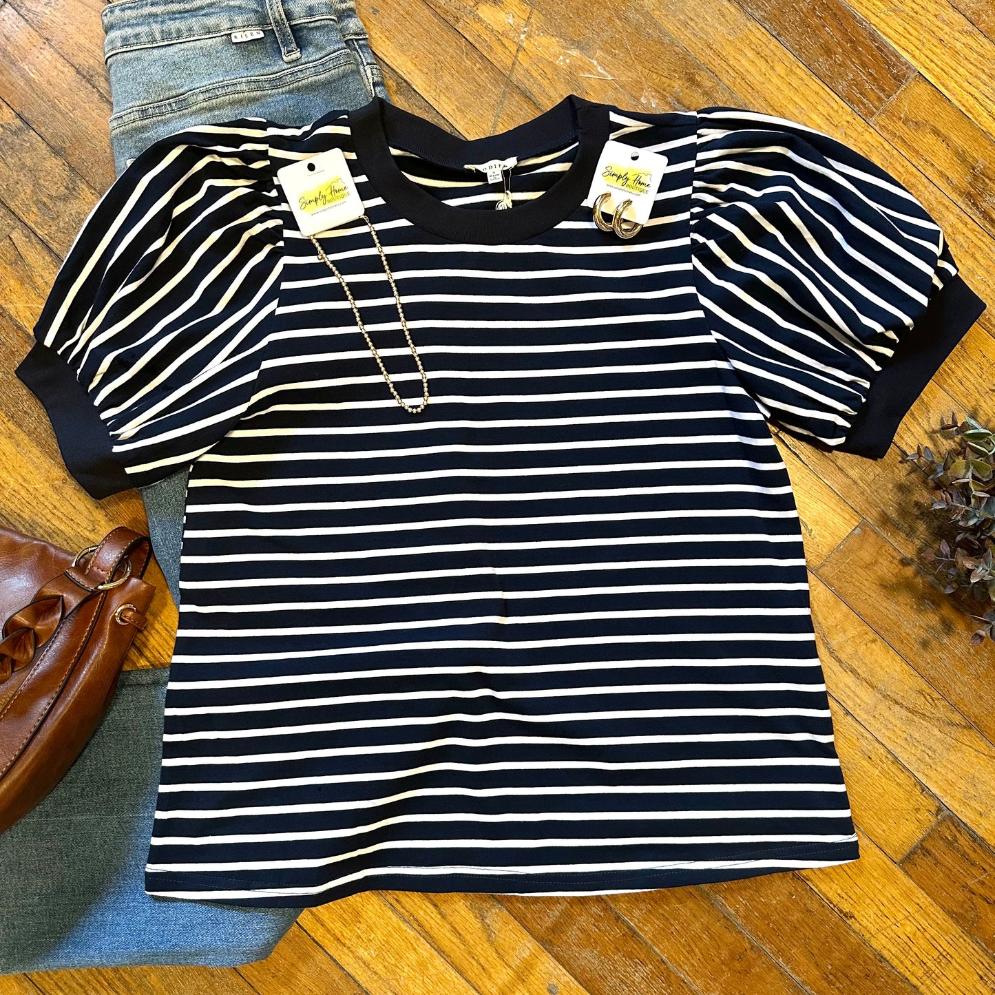 Navy Stripe Puff Sleeve Top