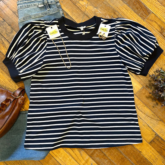 Navy Stripe Puff Sleeve Top